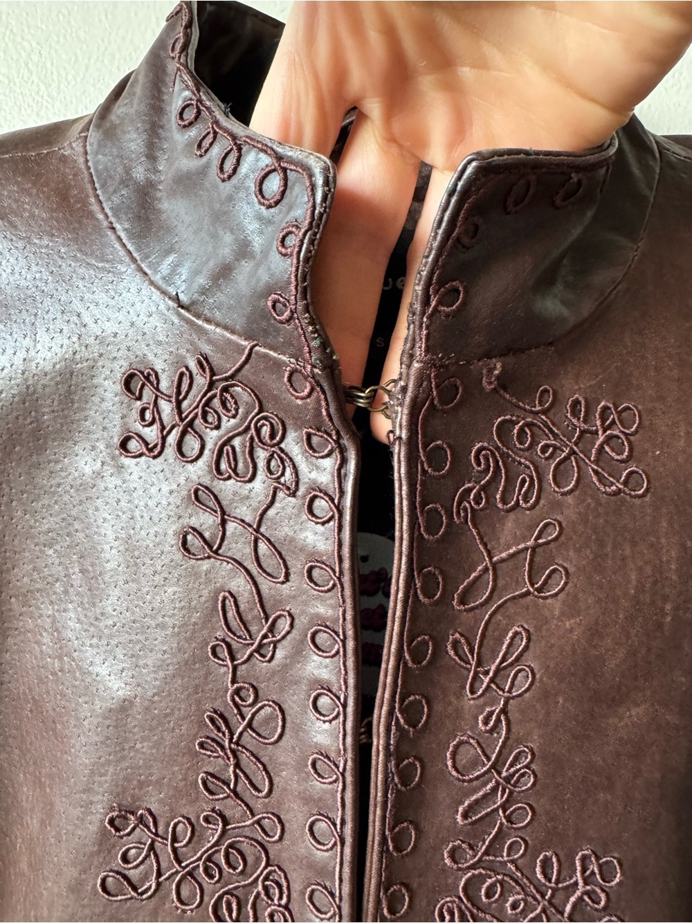 Vintage Leather Embroidered Long Brown Coat - Picture 8 of 10